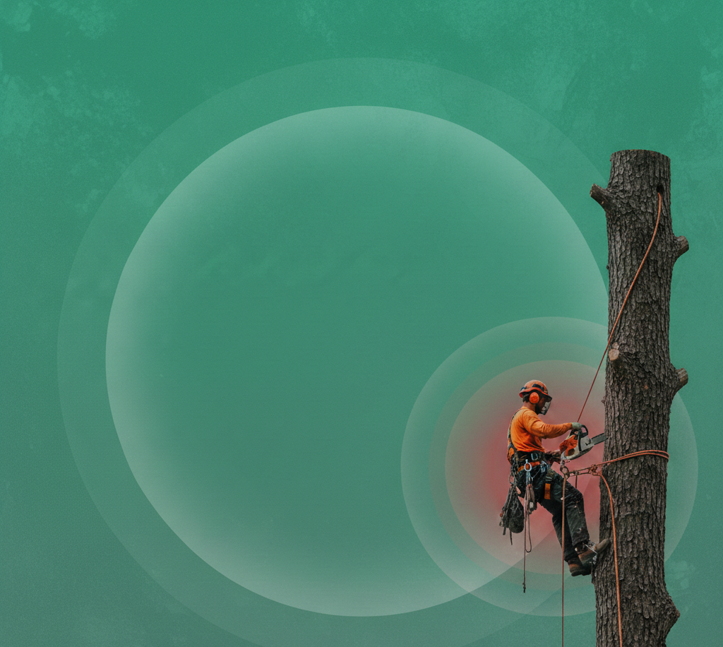 arborist harnessed to a tree